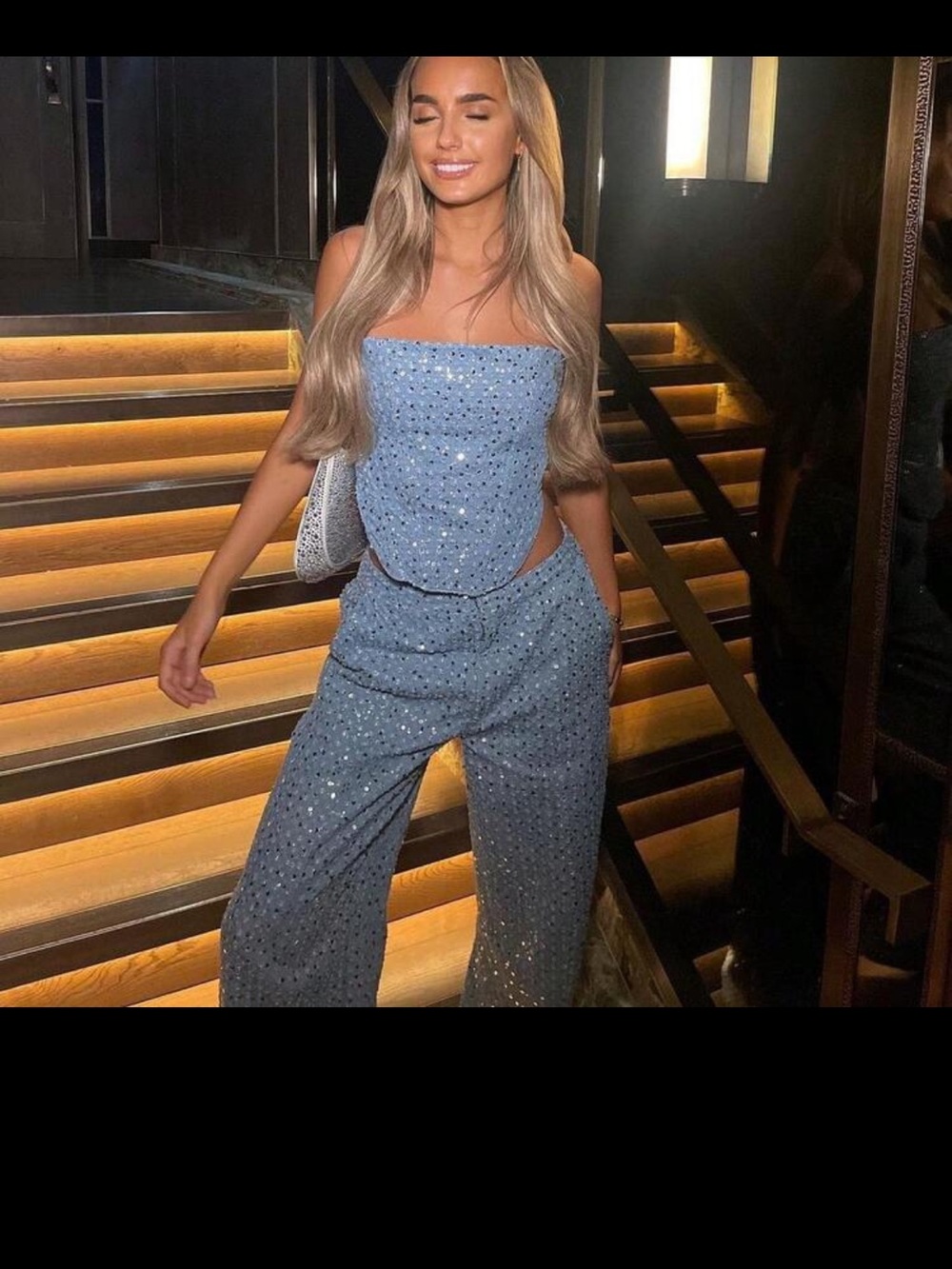 Sequin Strapless Corset & Wide-Leg Pants Set - Blue